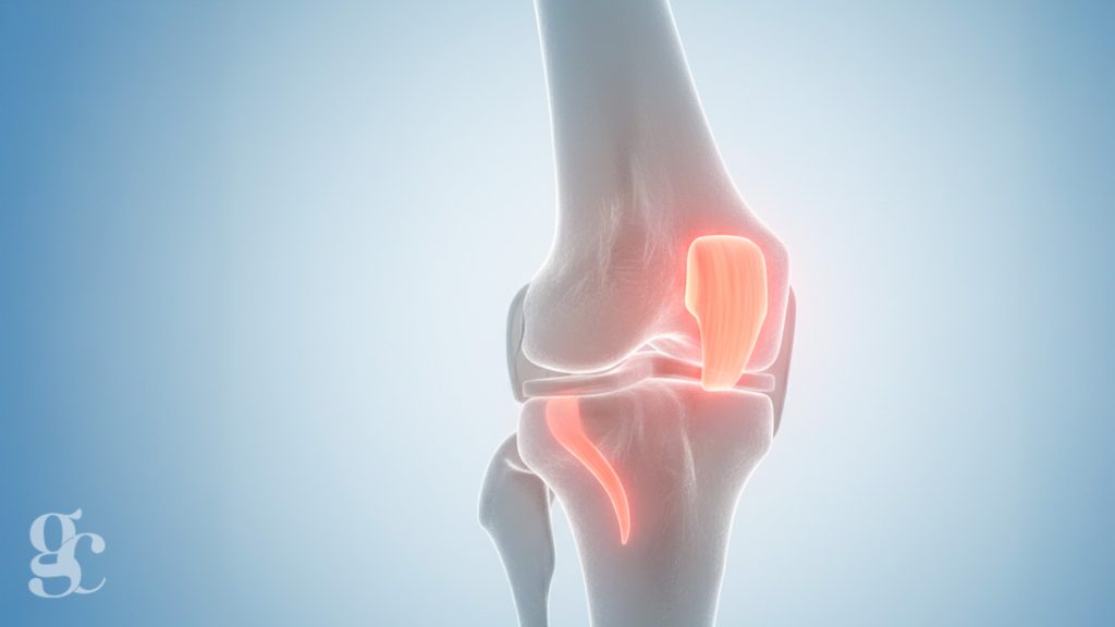 Rendu 3D médical de l'articulation du genou mettant en évidence le ligament croisé antérieur (LCA) en rouge.
