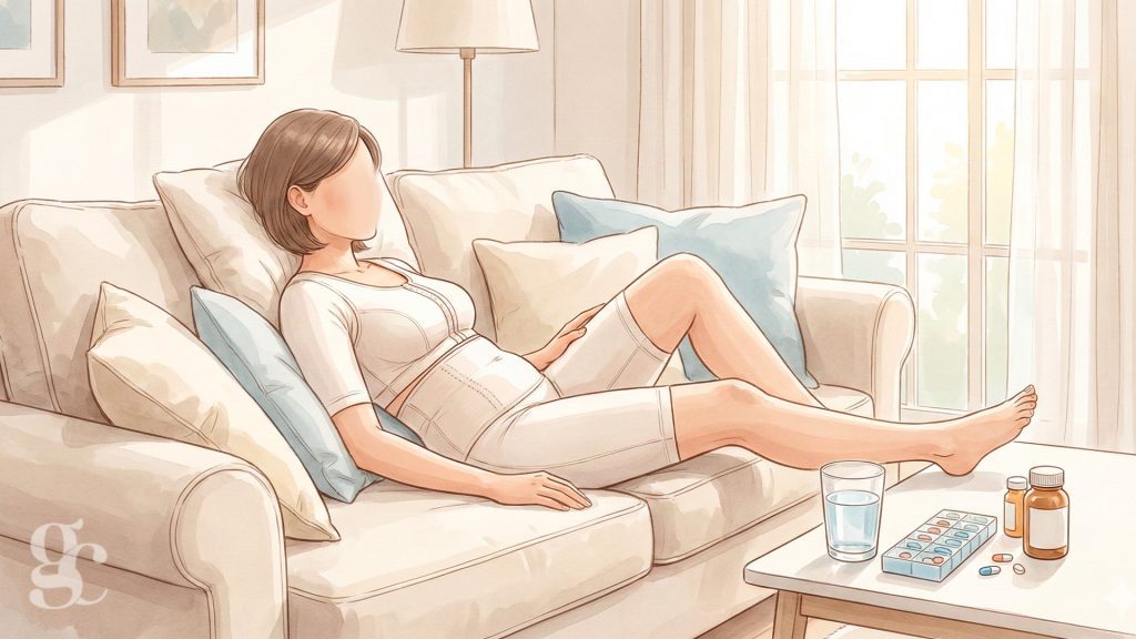 Prise en charge Abdominoplastie : Patiente au repos portant une gaine de contention obligatoire durant la convalescence d'une abdominoplastie réparatrice.