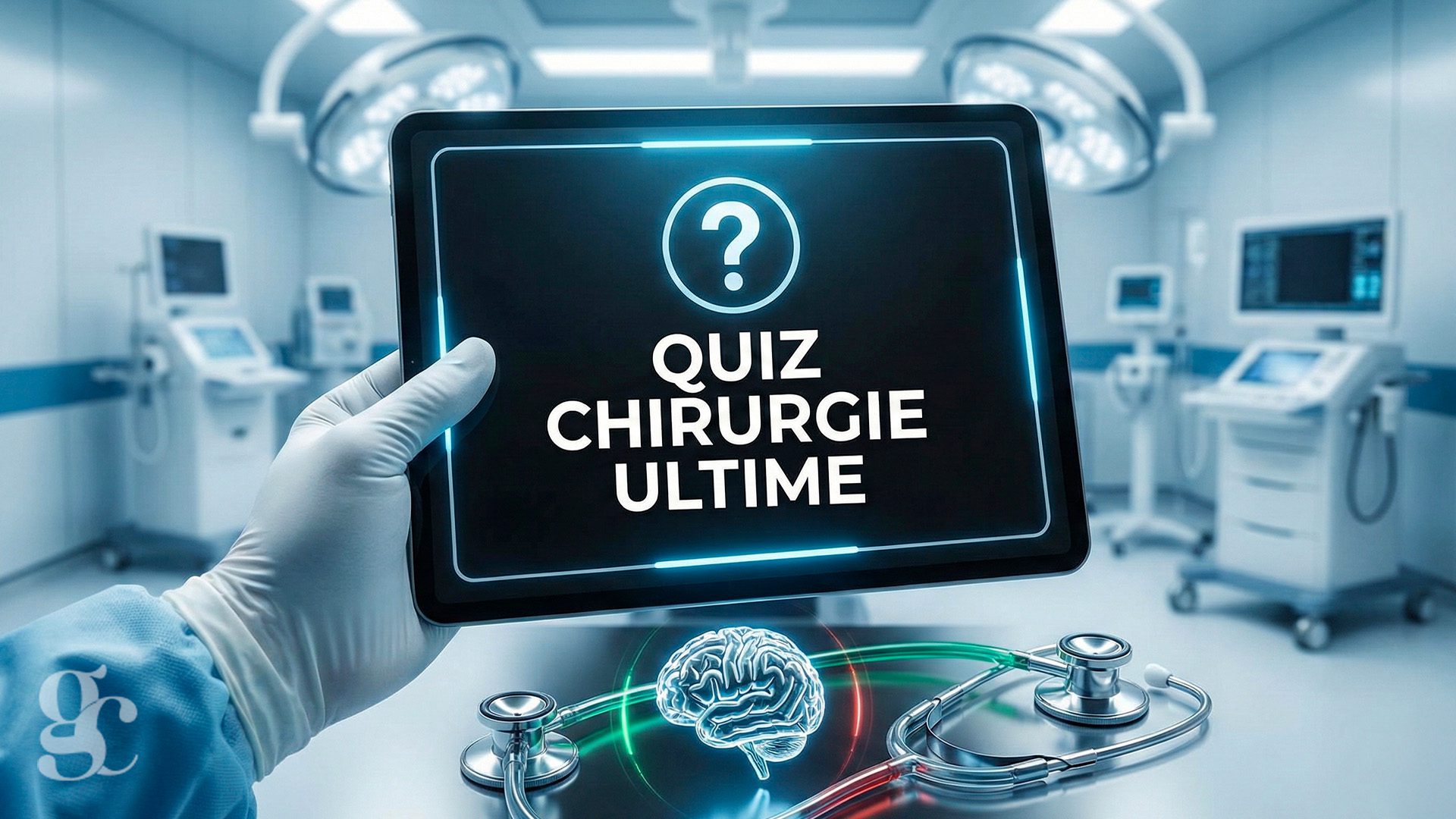 Illustration du Quiz Chirurgie : main d'un médecin tenant une tablette dans un bloc opératoire pour le test de connaissances.