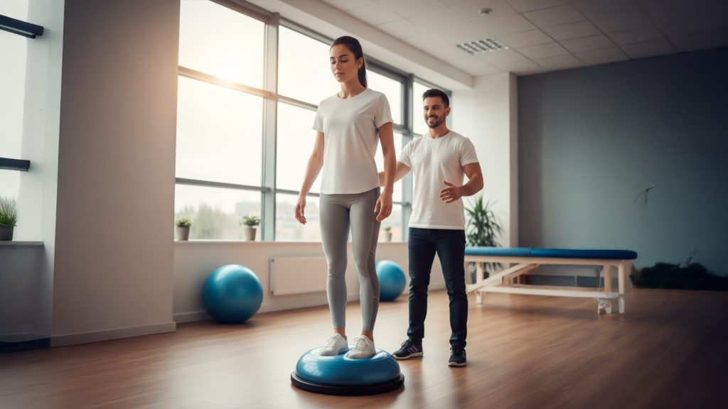 Patiente effectuant des exercices d'équilibre et de proprioception sur un ballon Bosu sous la supervision d'un kinésithérapeute.
