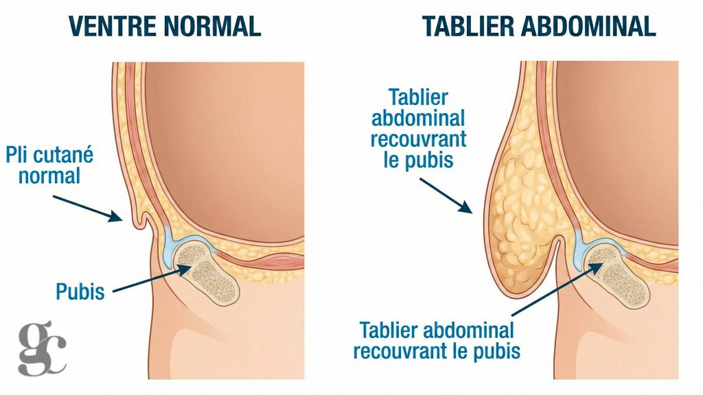Schéma médical comparant un ventre normal et un tablier abdominal recouvrant le pubis, critère indispensable pour le code CCAM QBFA001.