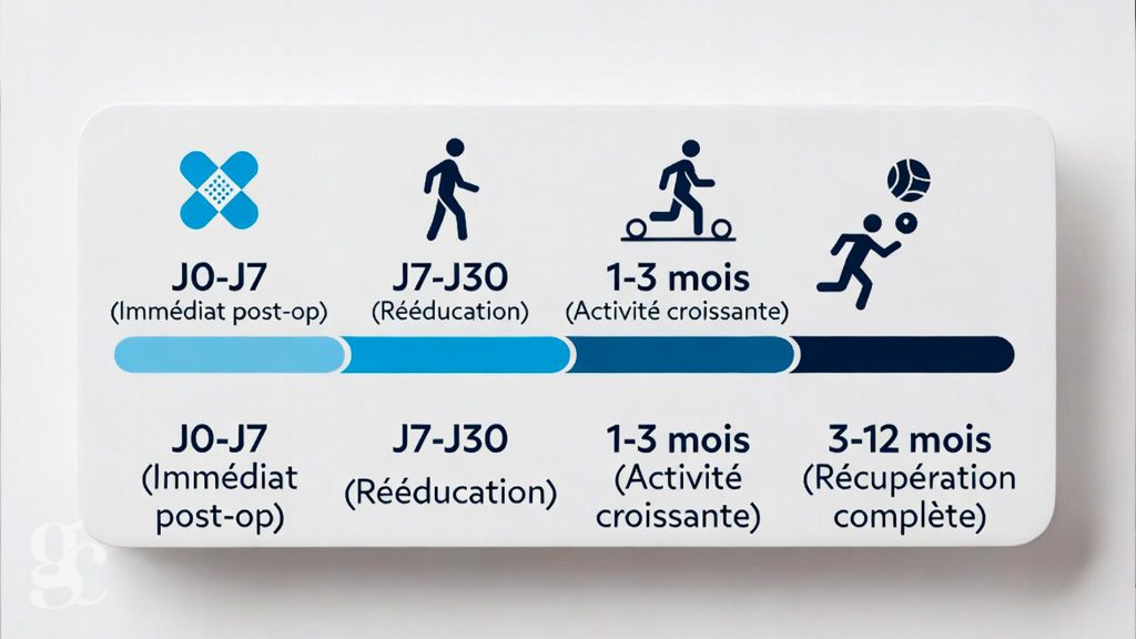 Timeline récupération après chirurgie sur 12 mois : étapes cicatrisation, mobilisation précoce, reprise activités et récupération complète en France