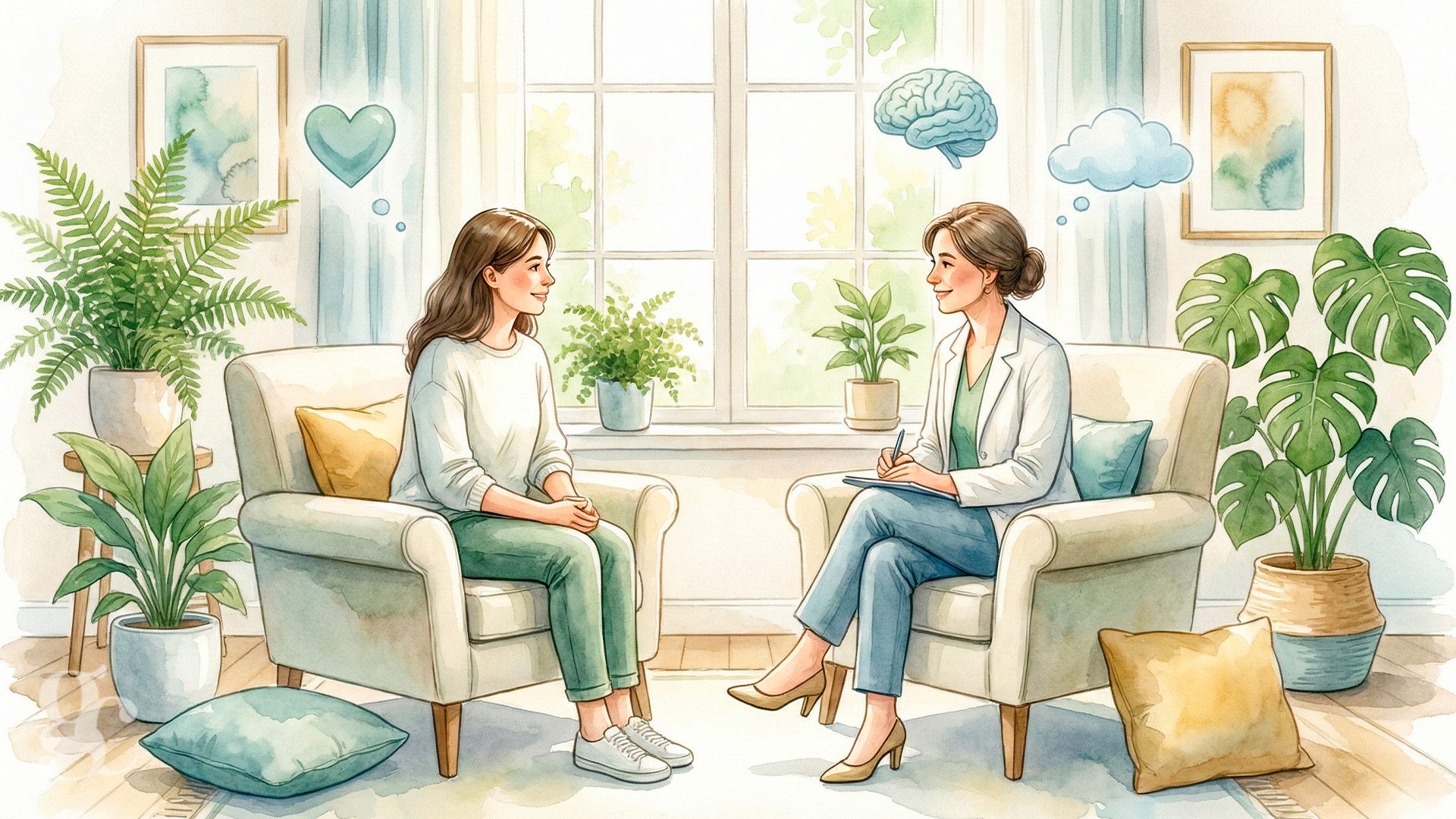 Illustration consultation psychologue femme patient cabinet bienveillant plantes vertes préparation psychologique préopératoire TCC anxiété