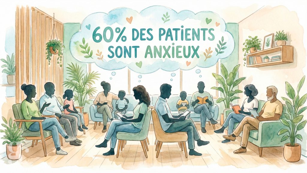 Illustration salle attente patients diversité 60% des patients anxieux préopératoire normal pas seul solidarité test APAIS