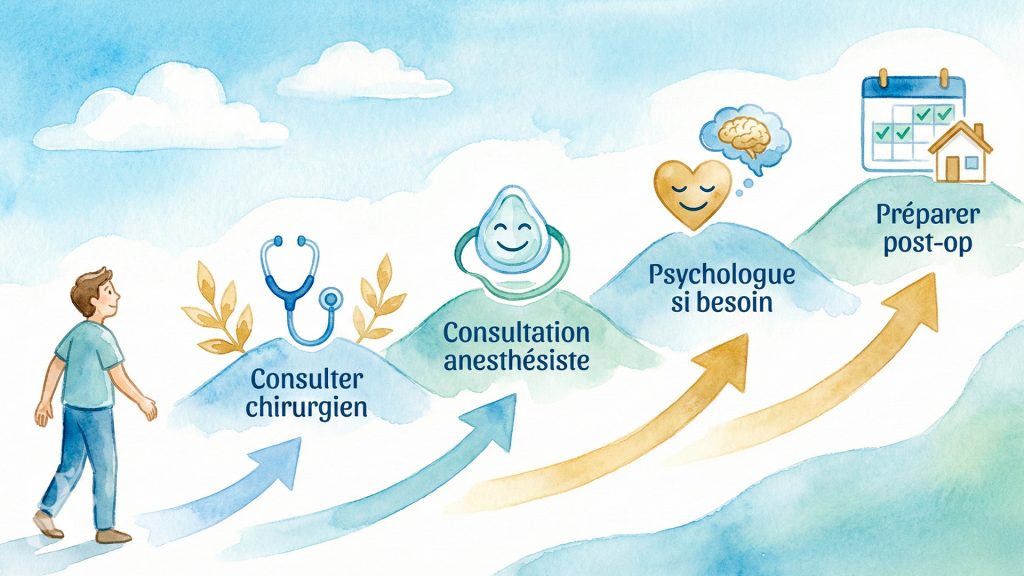Illustration feuille de route étapes consulter chirurgien anesthésiste psychologue préparer post-op plan action anxiété préopératoire