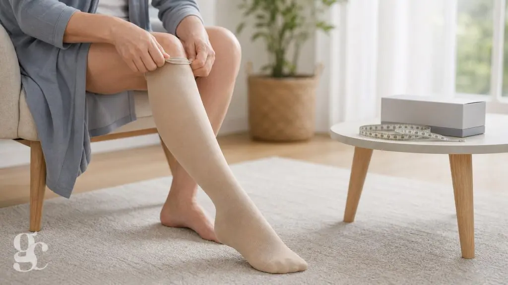 Adulte enfilant une chaussette de compression après une opération, avec mètre ruban de prise de mesure
