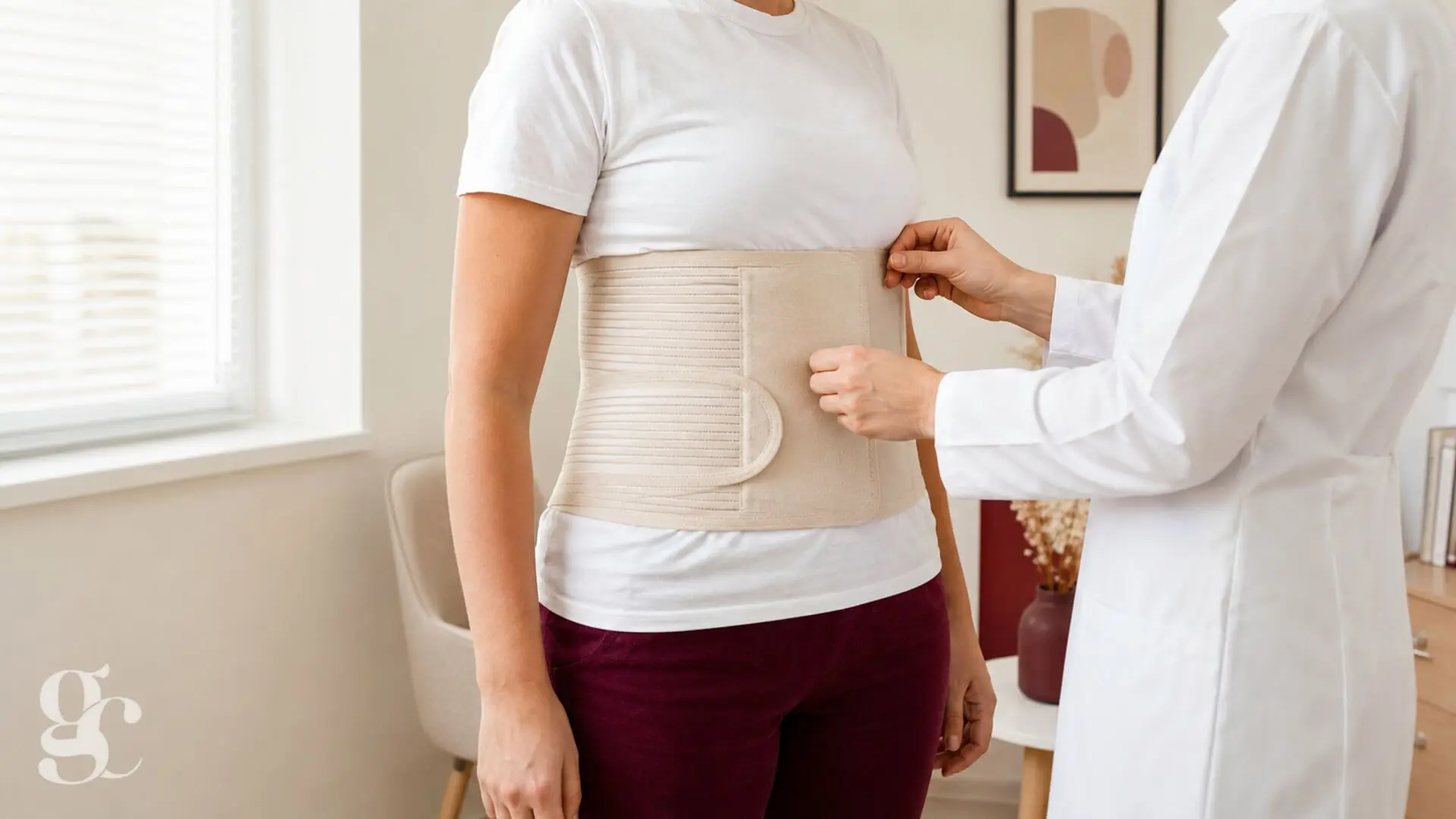 Soignante vérifiant l’ajustement d’une ceinture abdominale portée sur un tee-shirt