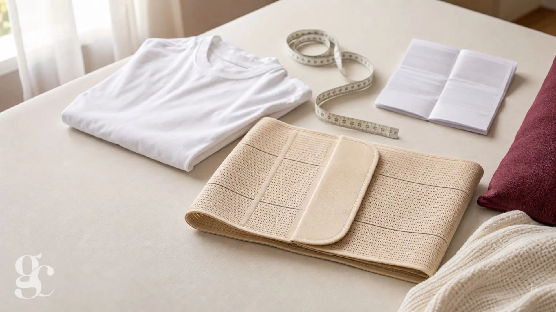 Ceinture abdominale posée avec un tee-shirt et les éléments utiles pour vérifier le modèle