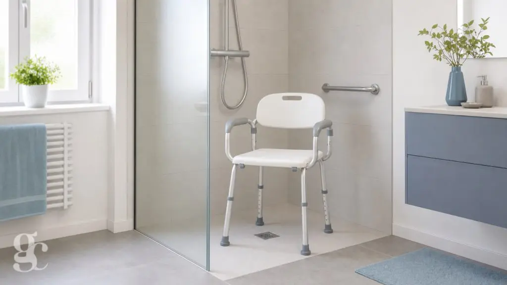Chaise de douche avec dossier et accoudoirs dans une salle de bains accessible