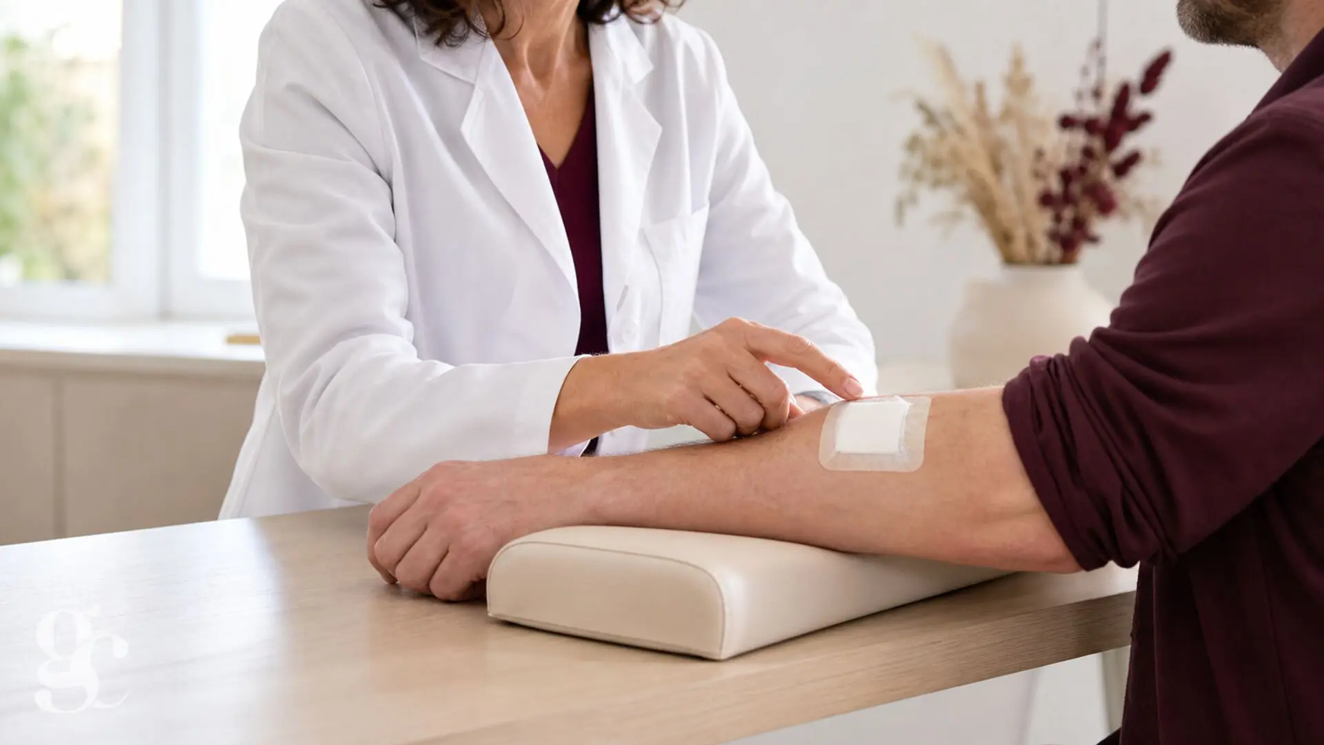 Professionnelle de santé évaluant la peau autour d’un pansement fermé