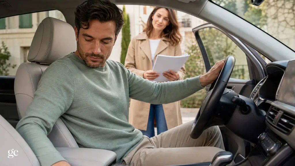 Un homme évalue ses mouvements dans une voiture stationnée avec une accompagnante tenant les consignes de sortie