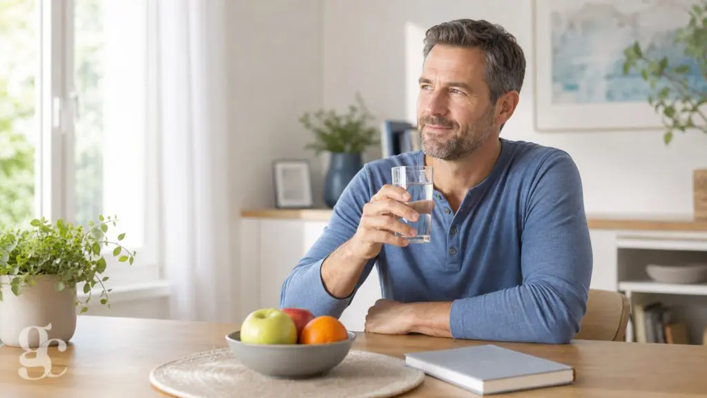 Personne en convalescence à domicile avec un verre d’eau et des fruits