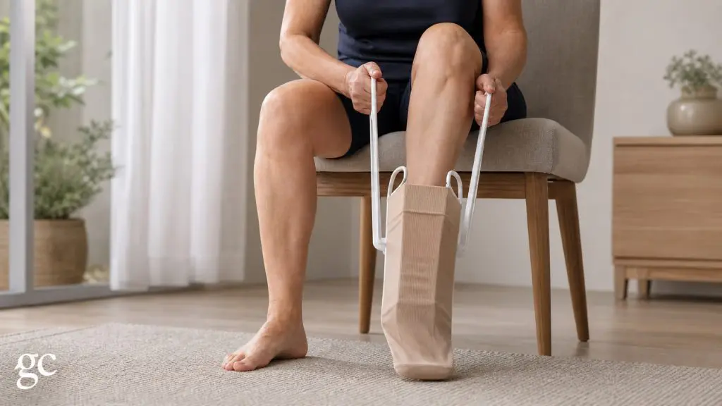 Patiente utilisant une aide rigide pour enfiler un bas de contention