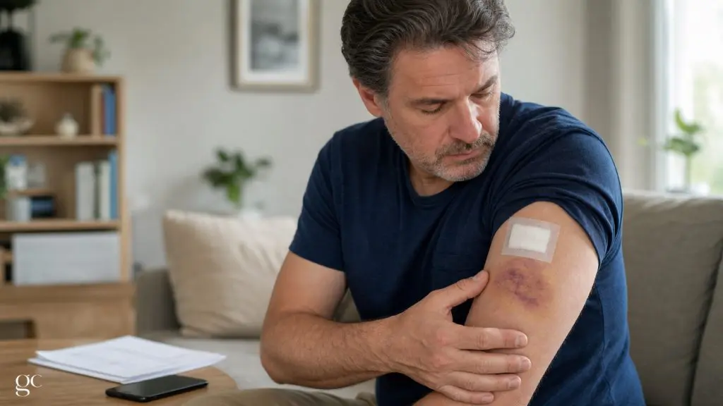 Patient observant un hématome près d’un pansement fermé après une opération
