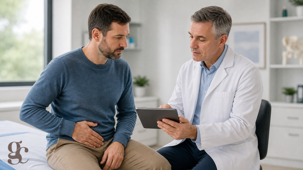 Patient échangeant avec un chirurgien avant une opération de hernie inguinale