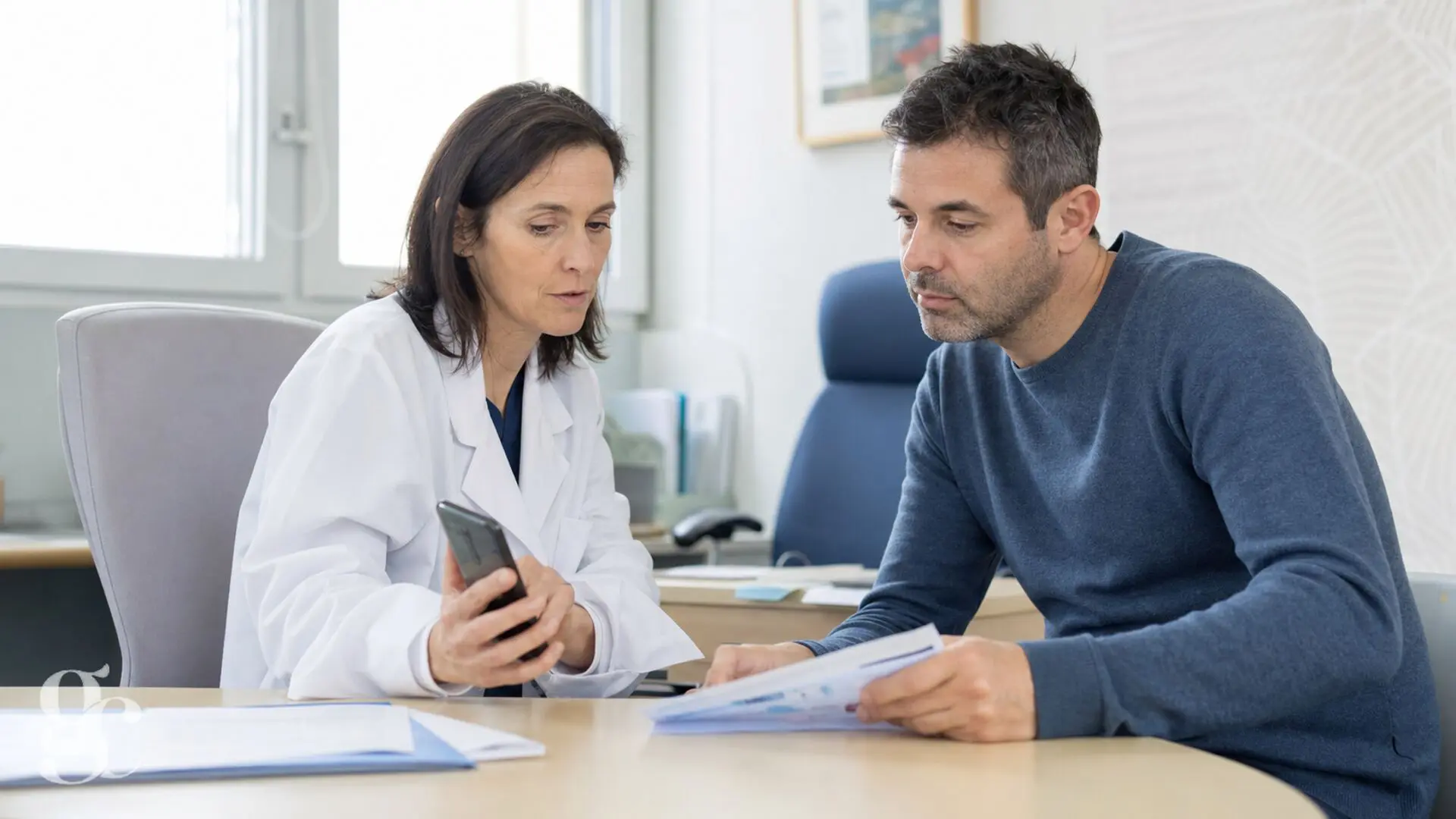 Professionnelle de santé et patient préparant un échange à partir des consignes de sortie