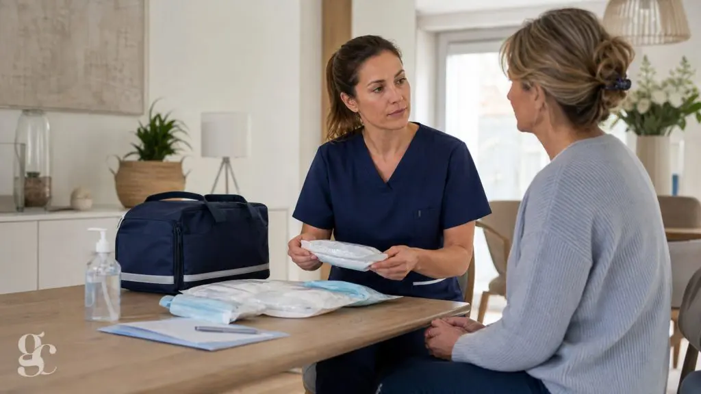 Infirmière à domicile préparant du matériel de pansement scellé avec une patiente