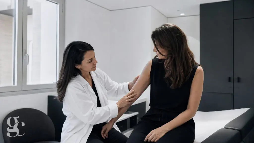 Médecin examinant le bras d’une patiente lors d’un bilan de lipœdème