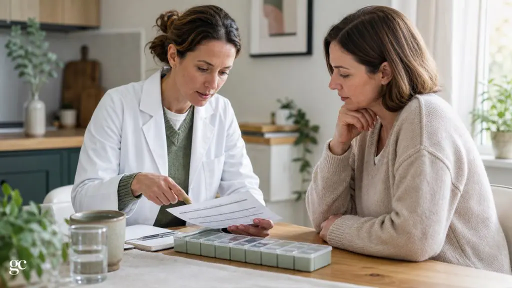 Une professionnelle de santé vérifie une liste de médicaments avec une patiente et un pilulier hebdomadaire