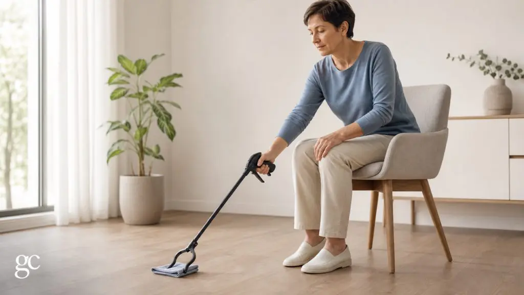 Patiente utilisant une pince de préhension pour ramasser un tissu léger sans se pencher