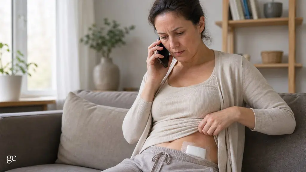 Patiente appelant l’équipe après avoir observé son pansement abdominal
