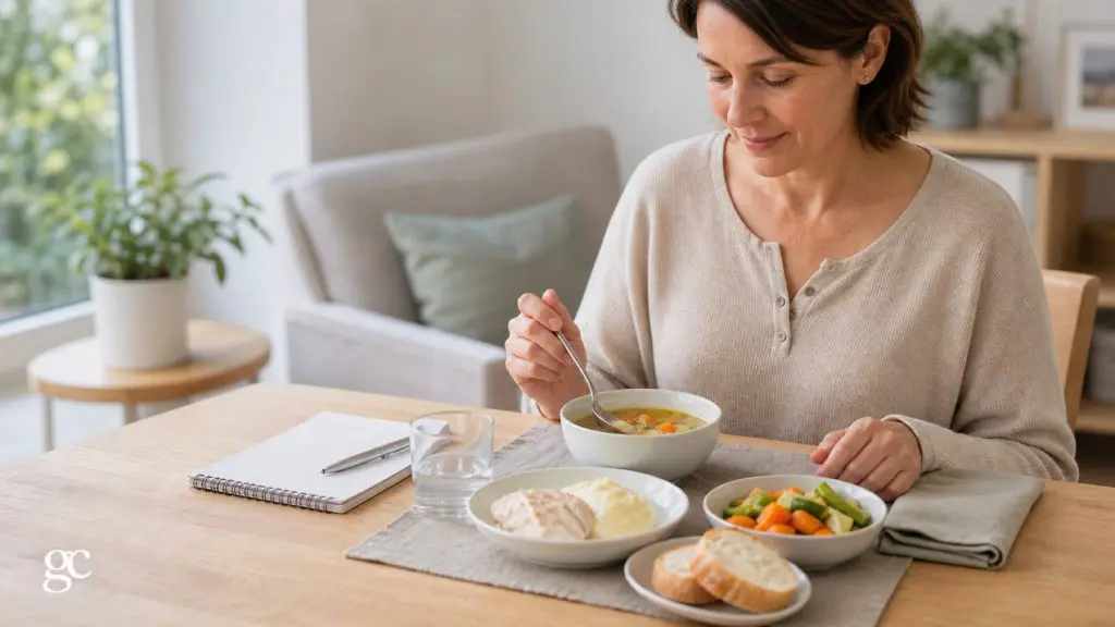 Patiente reprenant un repas simple en petites portions après une opération