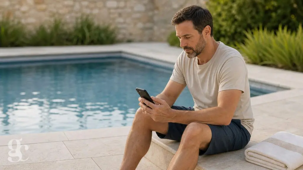 Personne consultant ses consignes de sortie au bord d’une piscine sans entrer dans l’eau