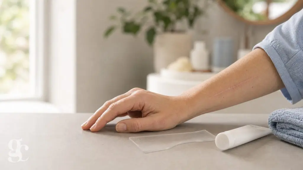 Gel et feuille de silicone près d’une cicatrice entièrement refermée