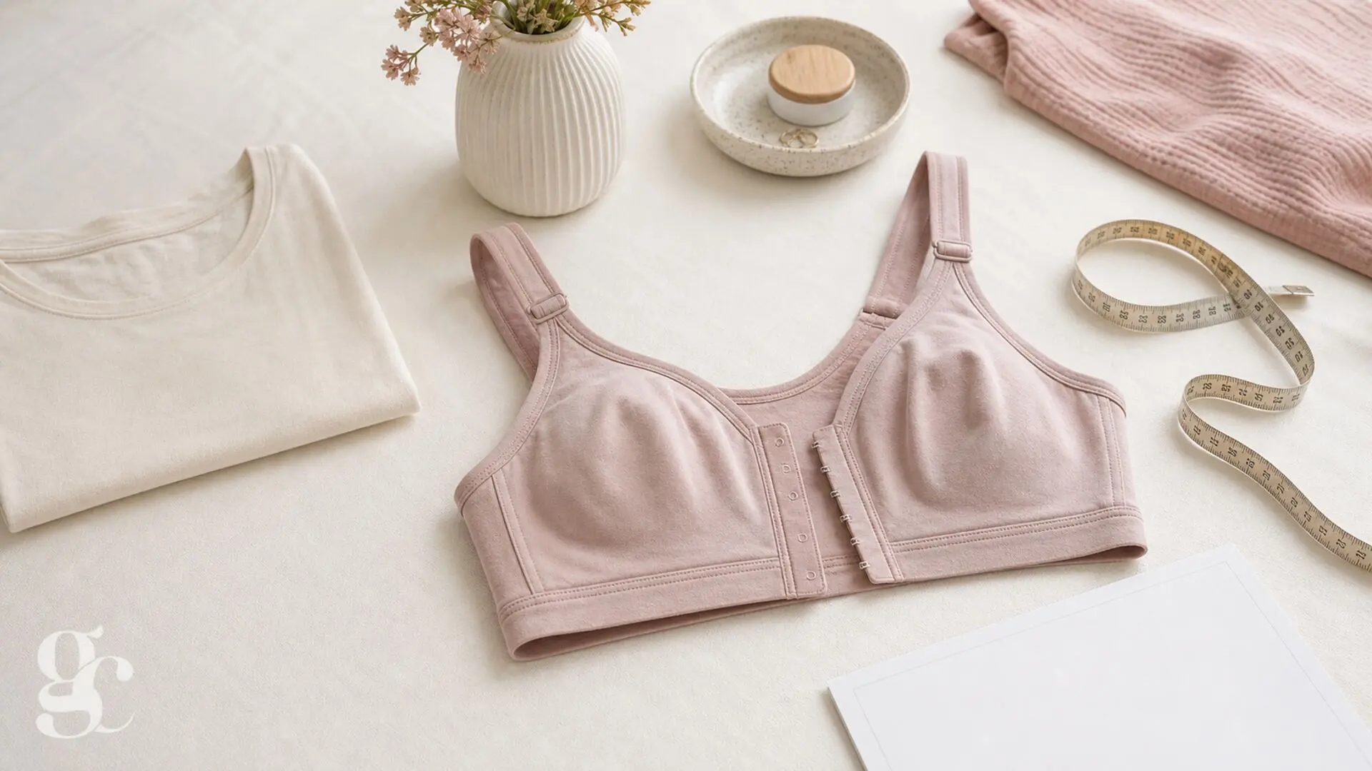 Soutien-gorge souple à ouverture frontale, mètre ruban et vêtement préparés avant l’essayage