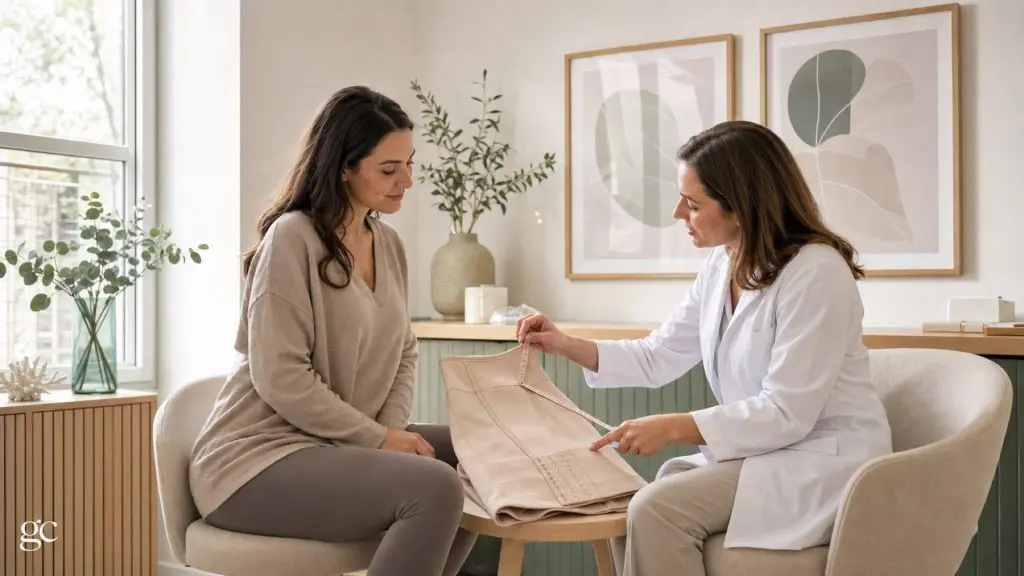 Une professionnelle de santé présente un vêtement compressif et sa prise de mesures à une patiente habillée
