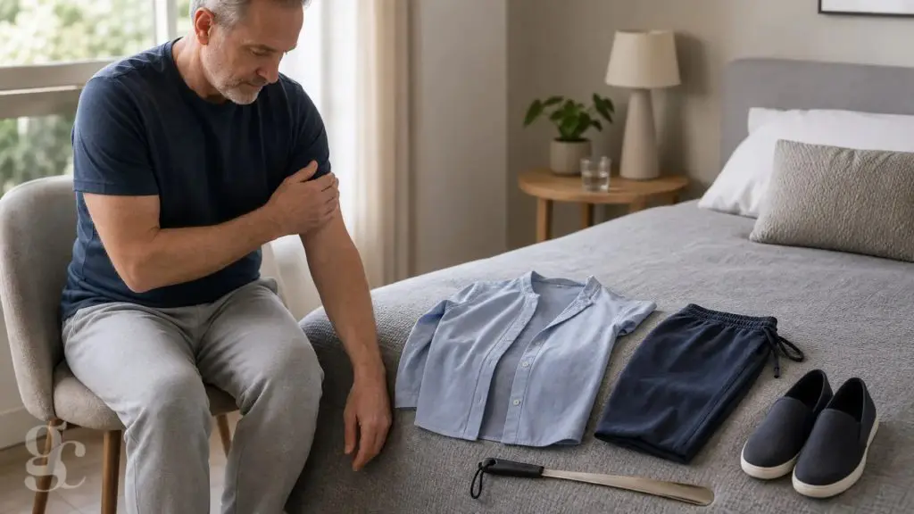 Vêtements à ouverture frontale, pantalon souple et chaussures faciles à enfiler après une opération