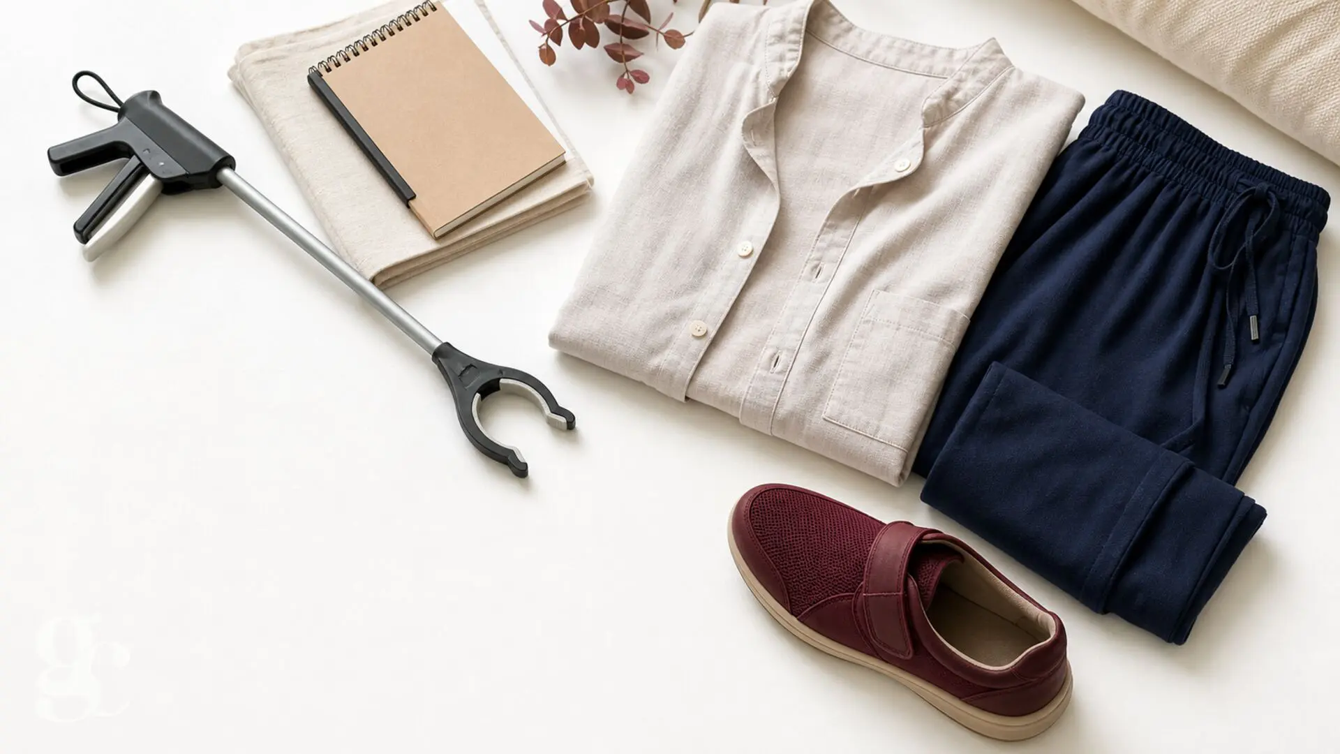 Chemise ouverte devant, pantalon souple, chaussure stable et aide à l’habillage
