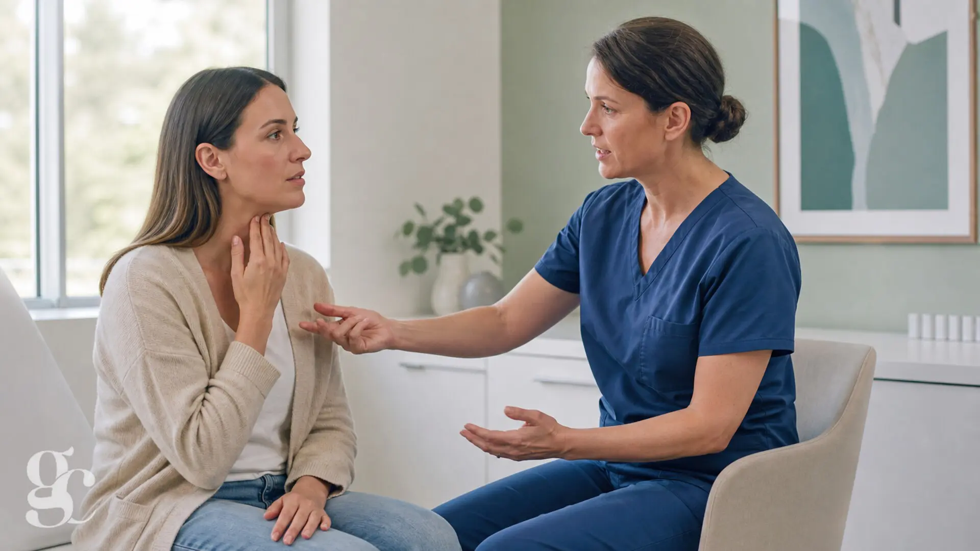 Une patiente échange avec une soignante au sujet d’une irritation de gorge après intubation