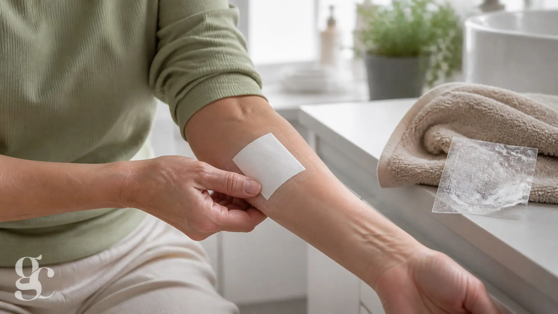 Une personne contrôle que son pansement est resté sec après la toilette