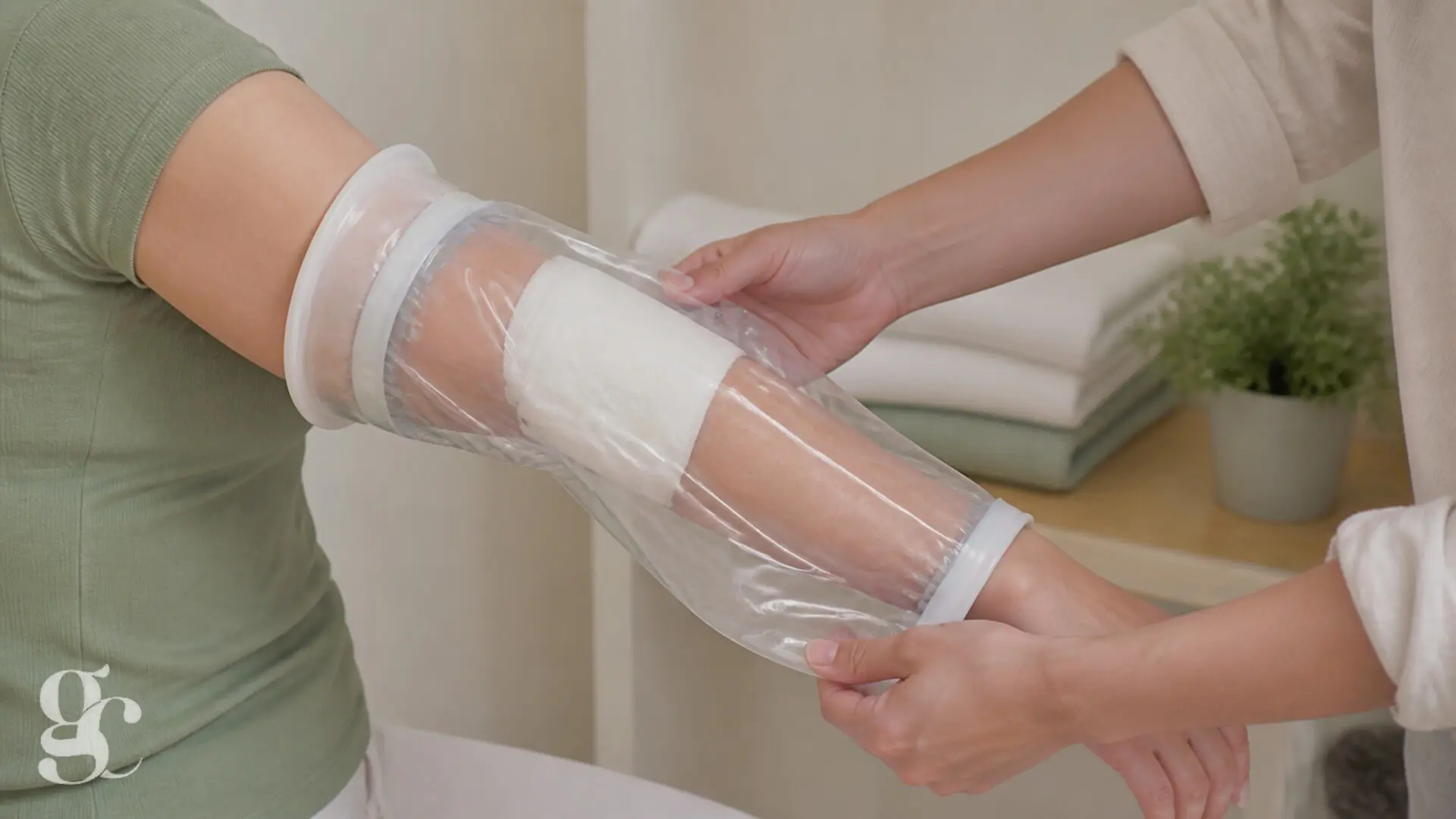 Une personne teste à sec une protection étanche sur un pansement d’avant-bras