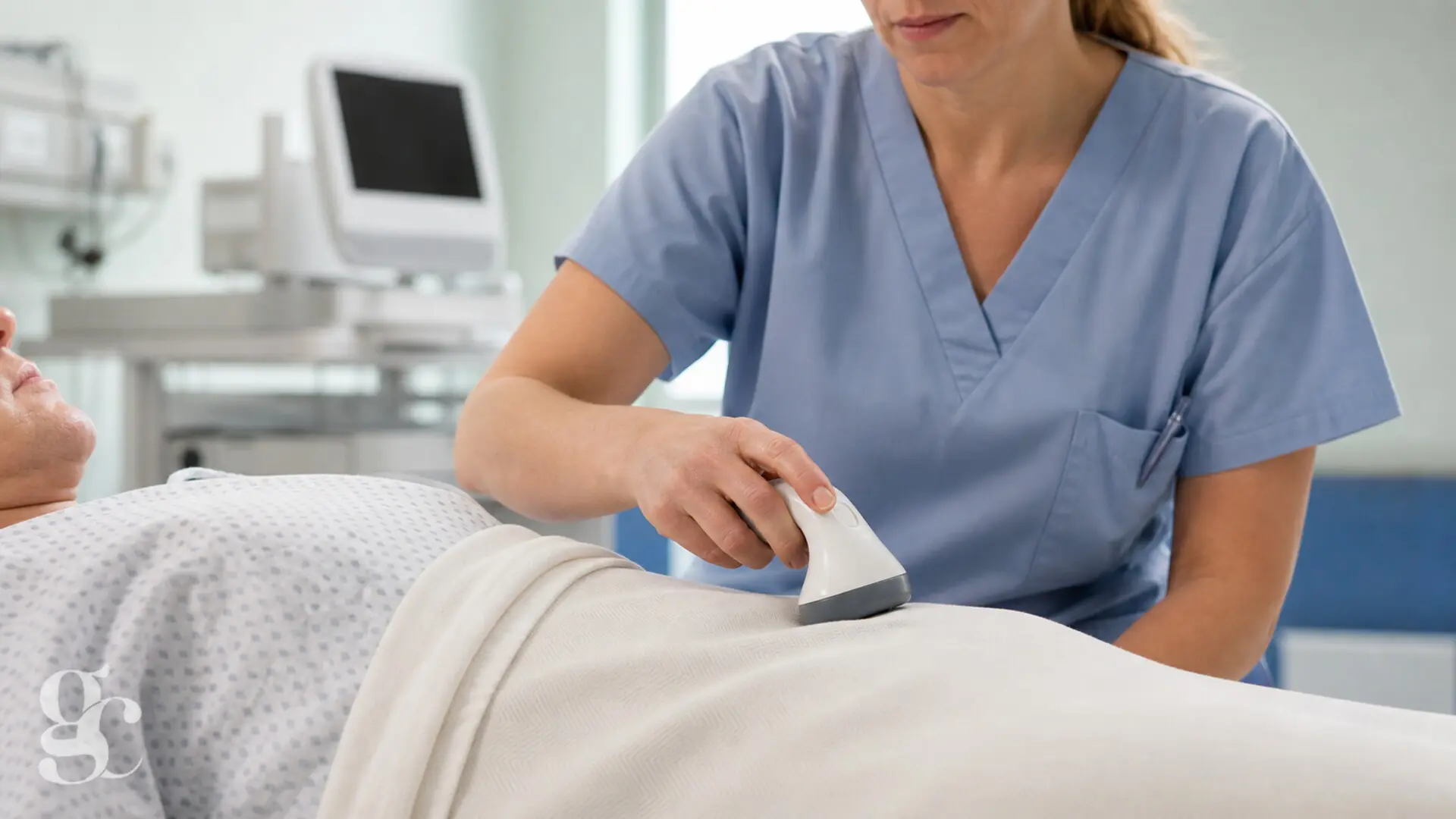 Une infirmière réalise une échographie vésicale non invasive après une opération