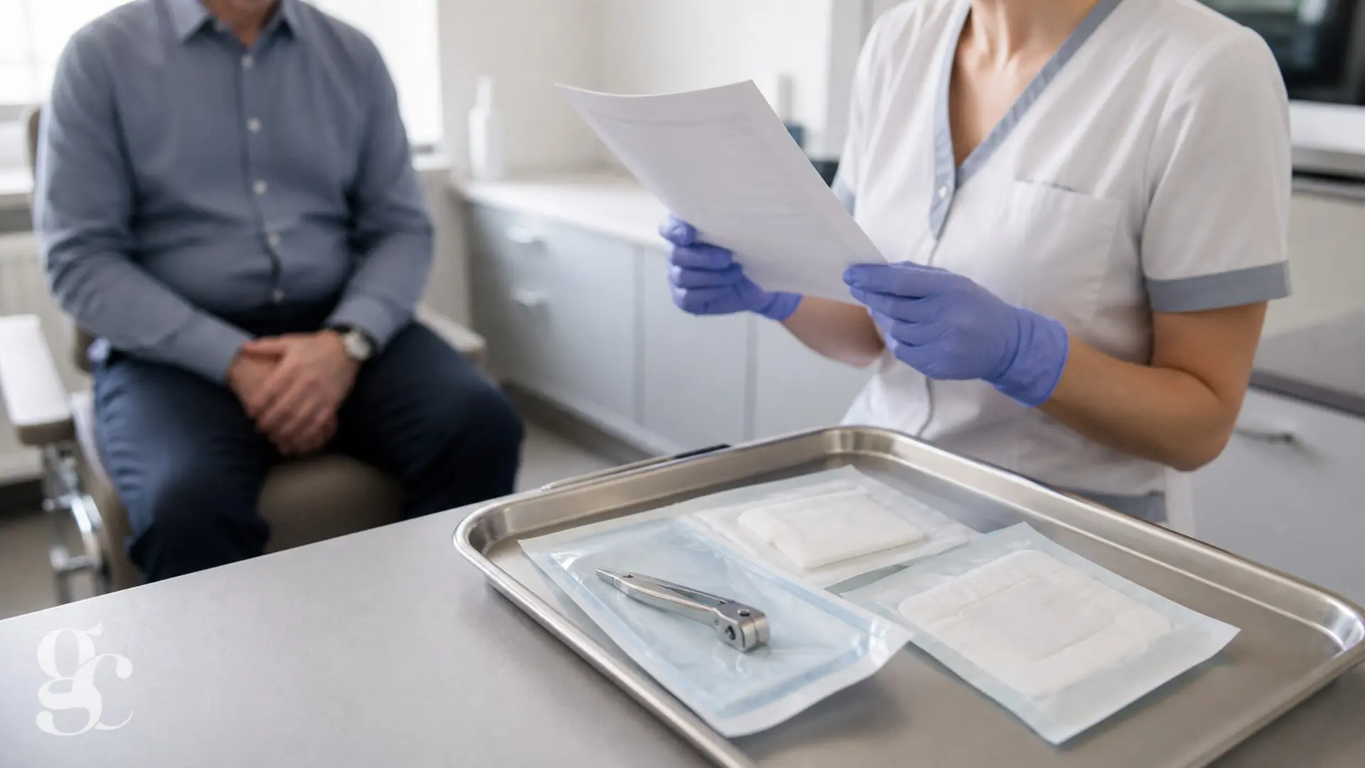 Une infirmière vérifie la lettre de sortie et prépare le matériel professionnel avant un retrait d’agrafes