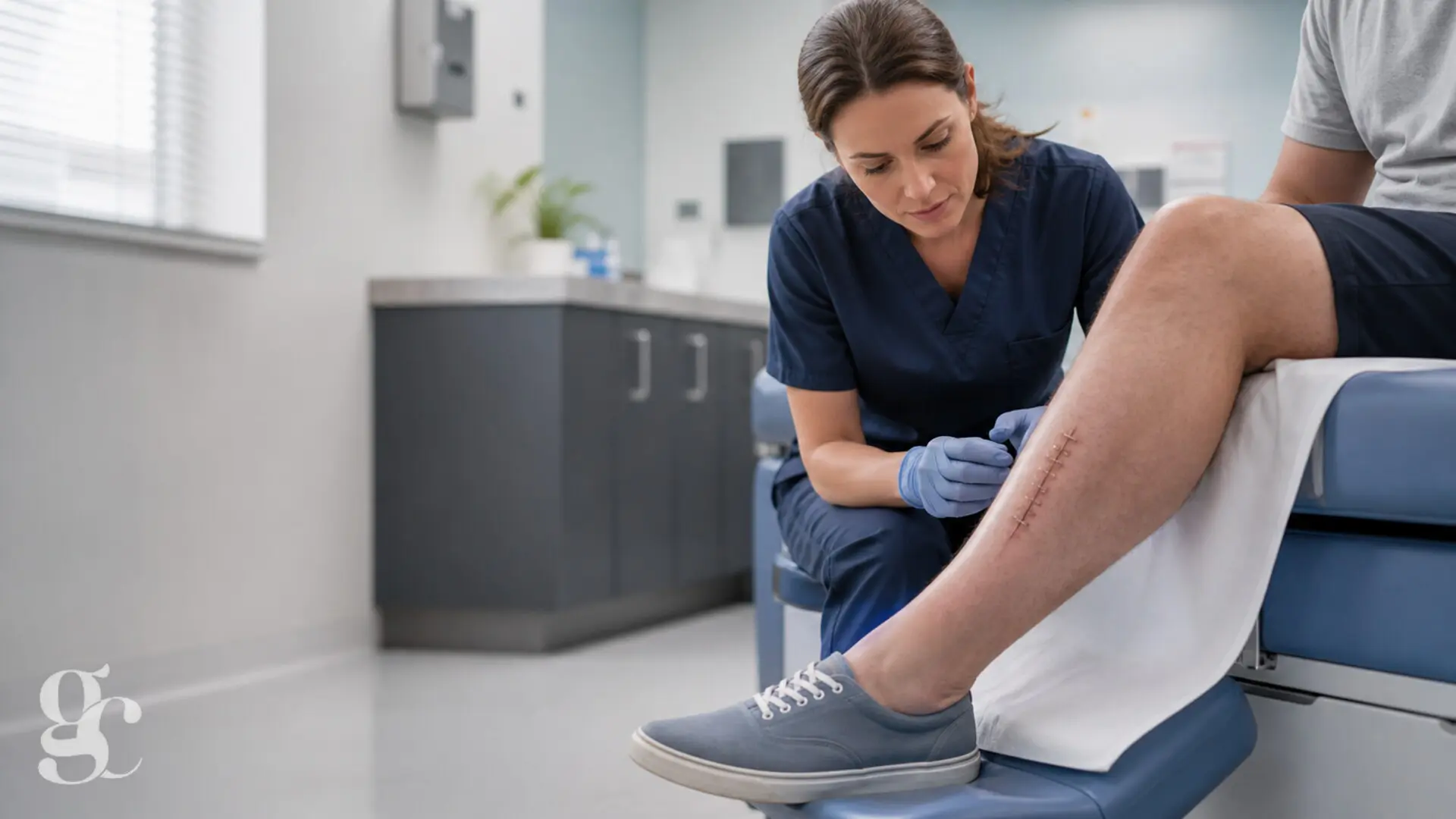 Une infirmière observe une ligne d’agrafes chirurgicales propre sur la jambe d’un patient