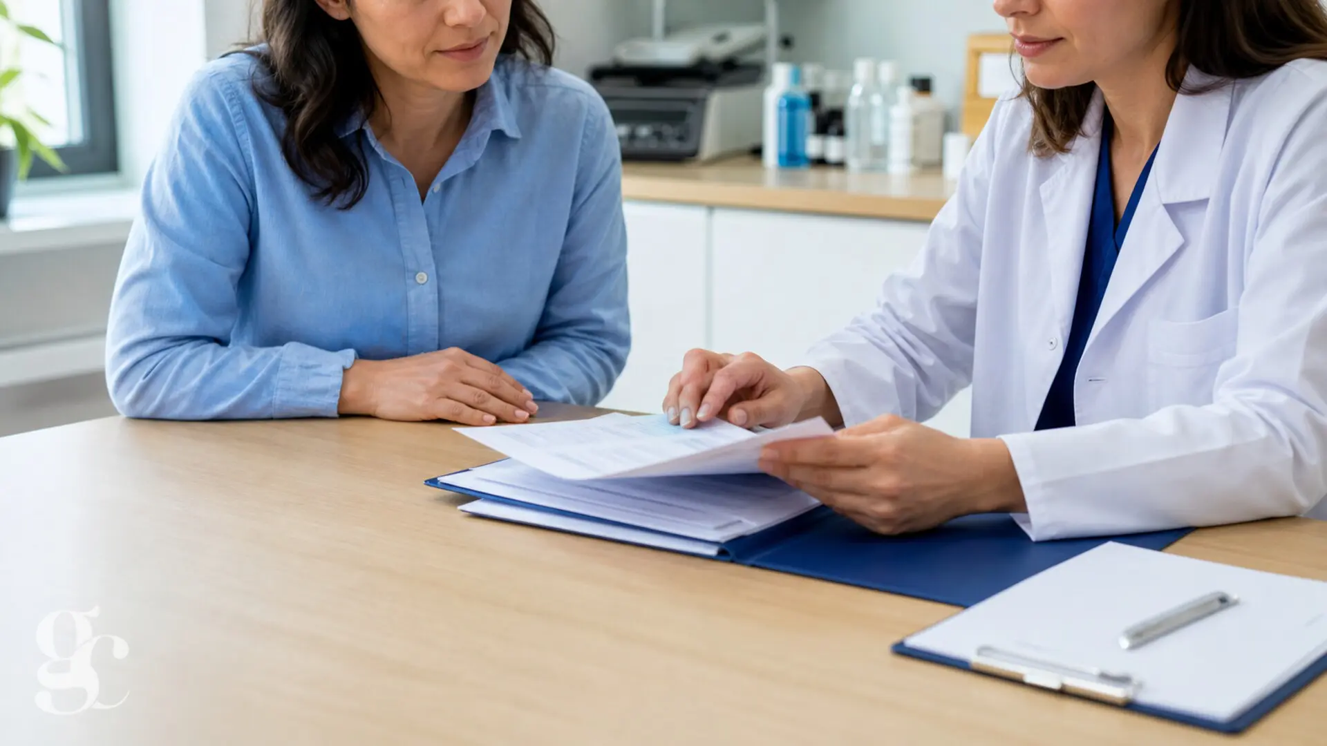Une patiente et une professionnelle classent ensemble des documents médicaux avant une opération