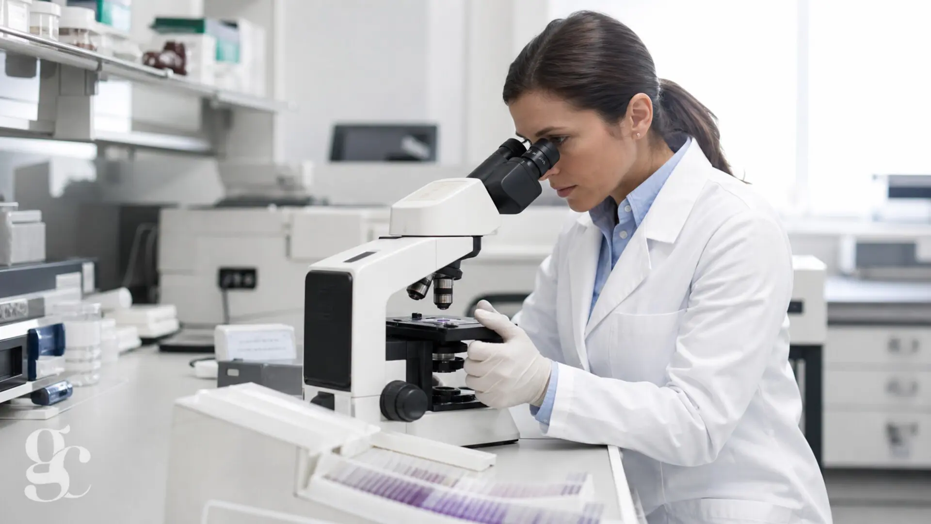 Une professionnelle examine des lames au microscope dans un laboratoire d’anatomopathologie
