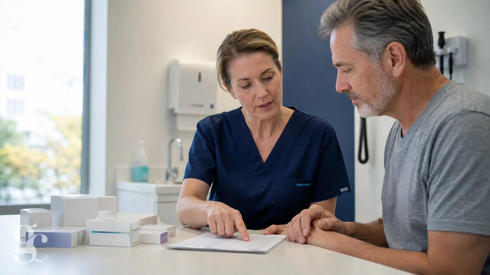 Une professionnelle et un patient vérifient ensemble une liste de médicaments avant une opération