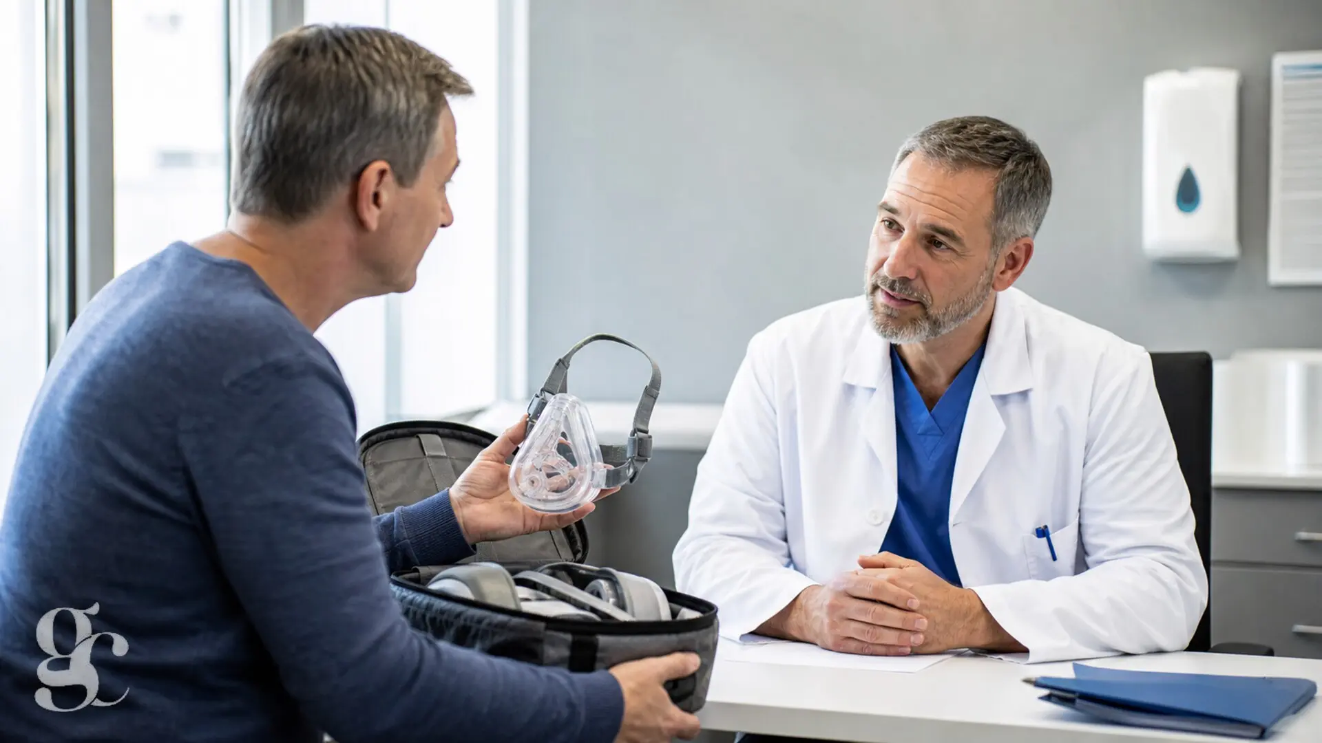 Un patient montre son masque de PPC pendant une consultation préopératoire avec un médecin