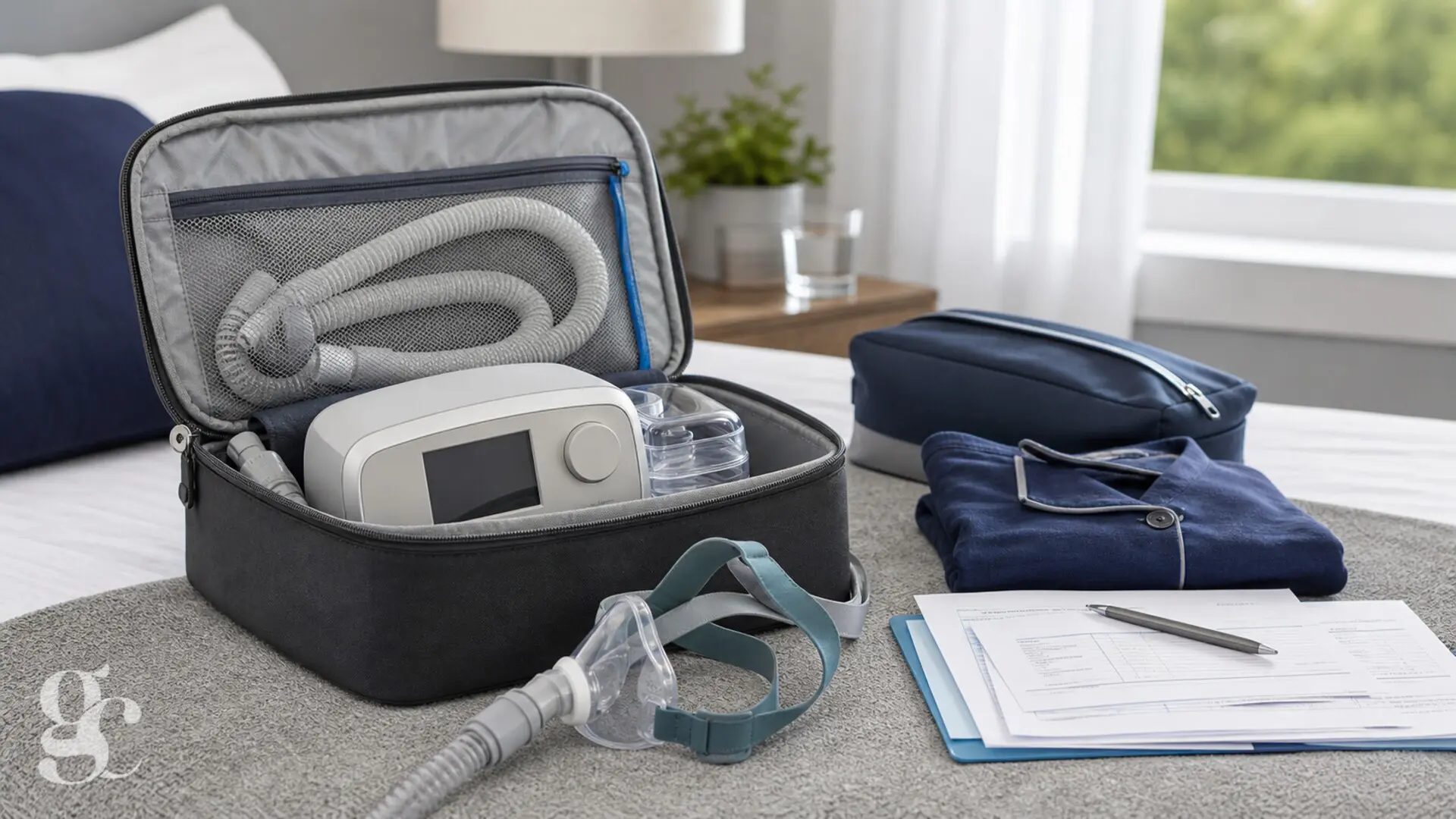Un appareil de PPC et son masque sont rangés dans un sac prêt pour une hospitalisation
