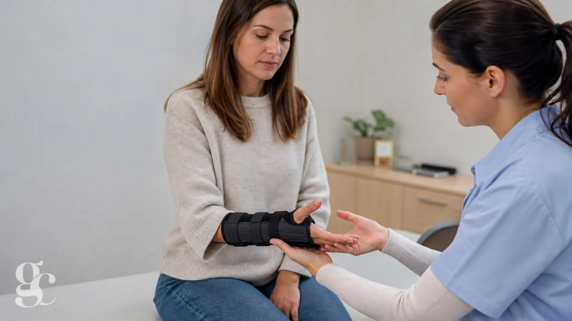 Une professionnelle contrôle le confort des doigts avec une attelle de poignet