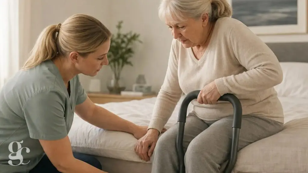 Une professionnelle vérifie une barre d’appui de lit pendant une convalescence