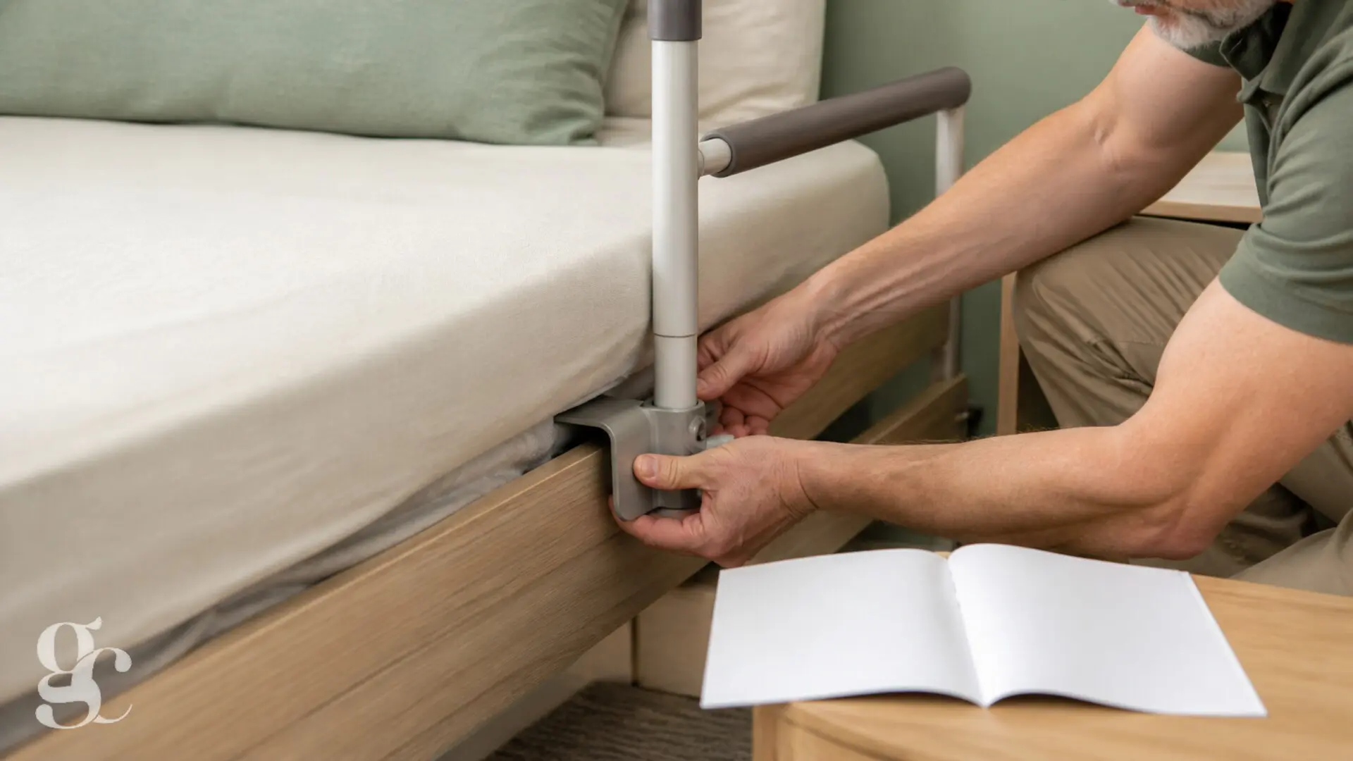 Un professionnel contrôle la fixation d’une barre d’appui sur le cadre du lit