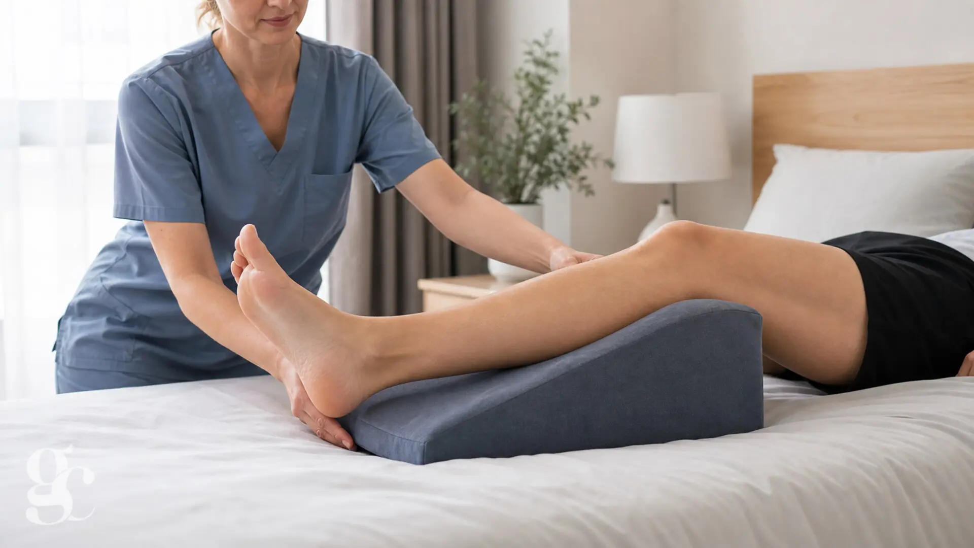 Une professionnelle ajuste une cale-jambe sous la jambe d’un patient en gardant le talon dégagé