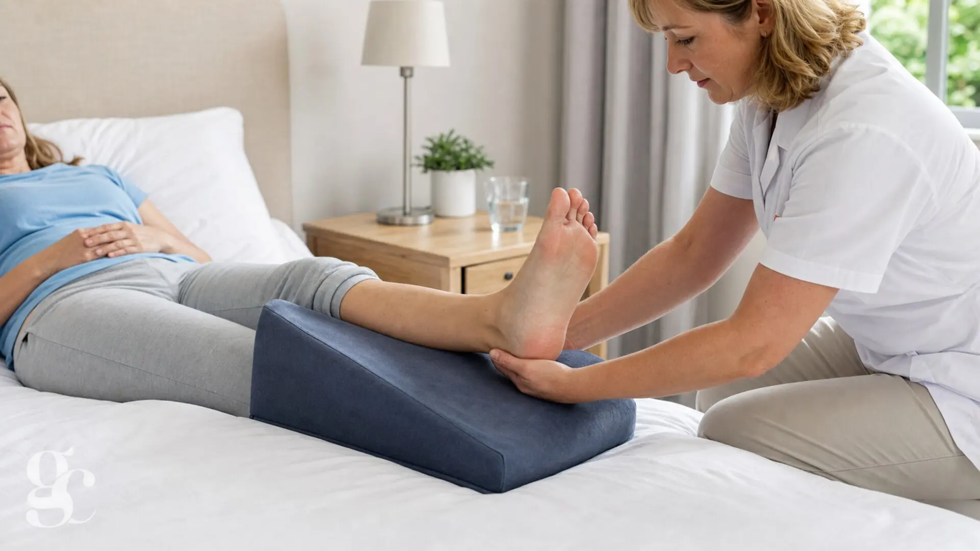 Une soignante contrôle le talon et l’alignement d’une jambe reposant sur une cale-jambe