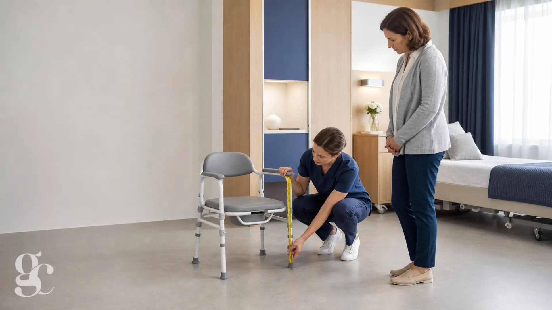 Une ergothérapeute mesure la hauteur et contrôle la stabilité d’une chaise percée