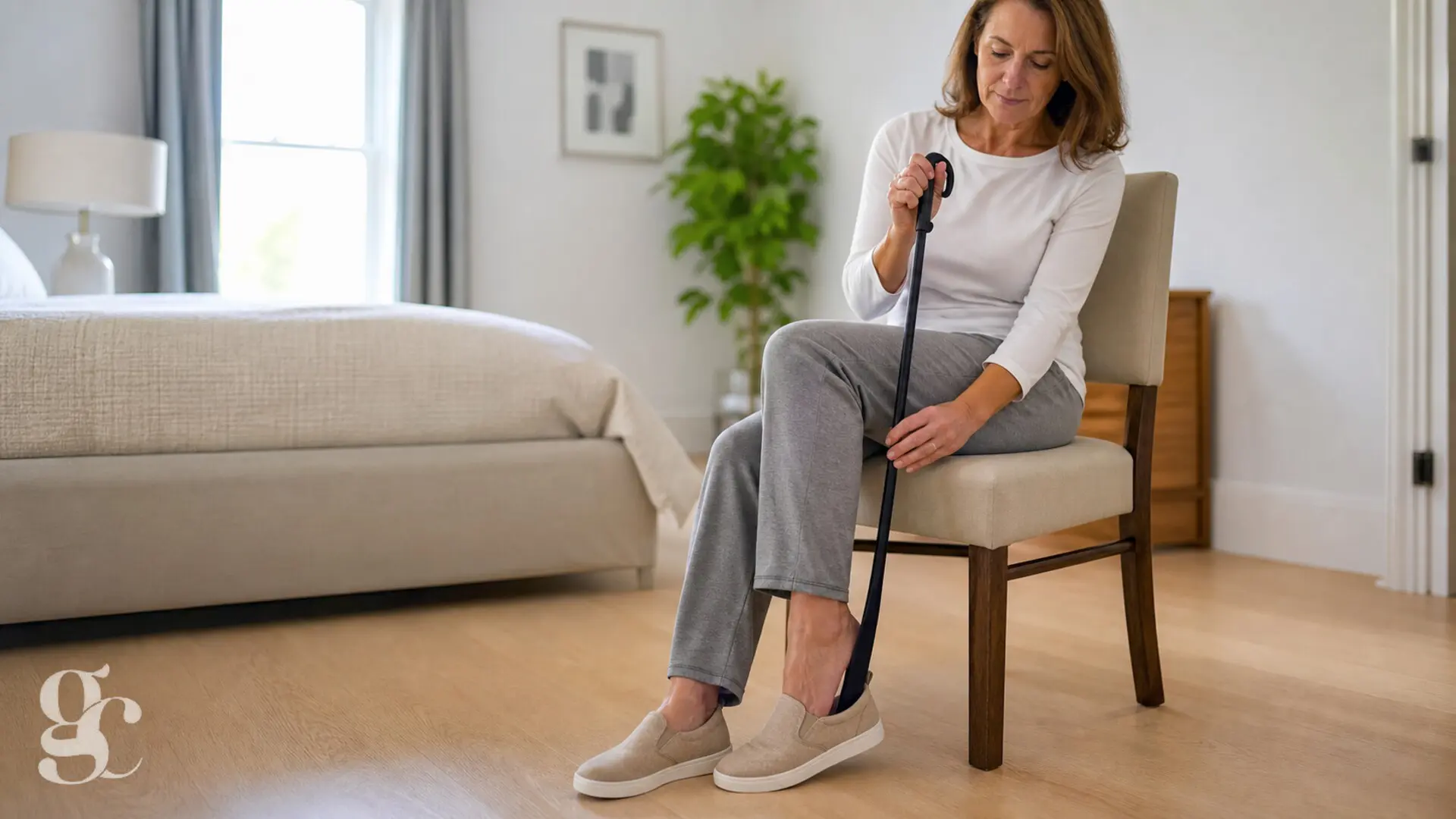 Une patiente assise utilise un chausse-pied long avec une chaussure stable
